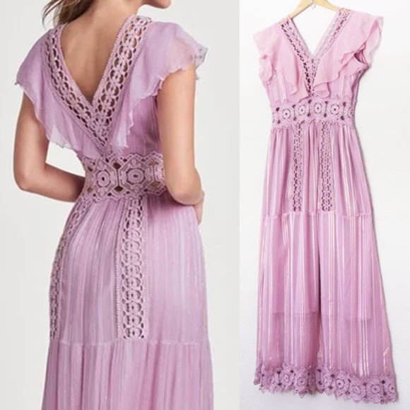 VENUS Dresses & Skirts - VENUS Crochet Lace Inset Ruffle Maxi Dress 6 Lavender Lilac Goddess Romantic